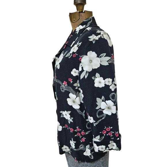 Caribbean Joe Hawaiian Shirt Womens Size M Floral Button Up Black White Pink - Picture 2 of 10